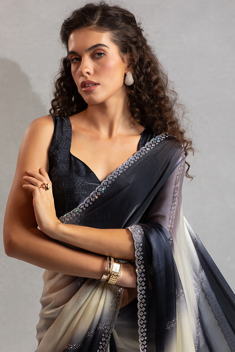 Black & Cream Beads Work Satin Saree with Sequin Border LF
