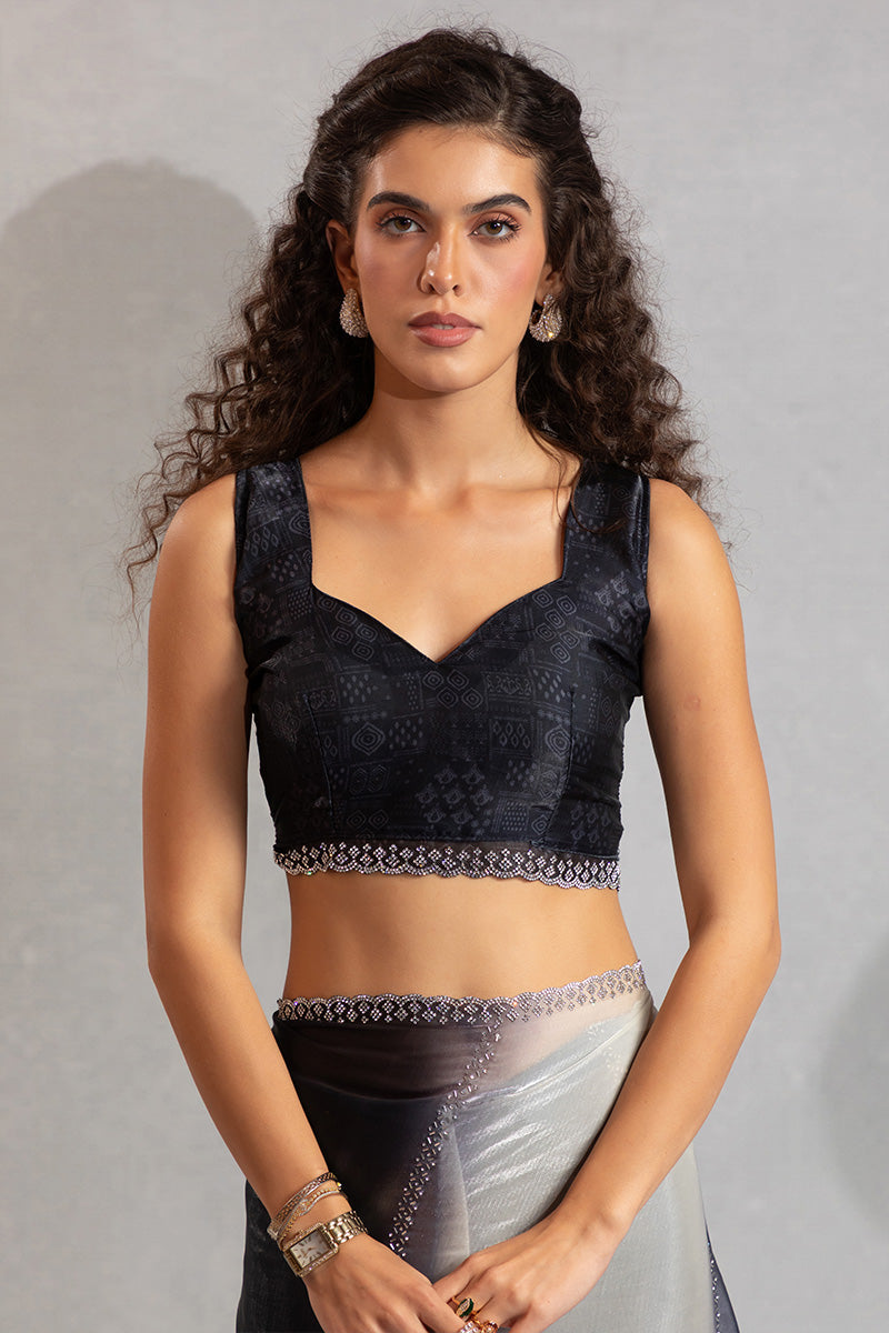 Black & Cream Beads Work Satin Saree with Sequin Border LF