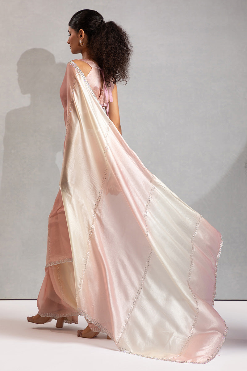 Baby Pink & Cream Satin Saree with Fancy Work Border LF
