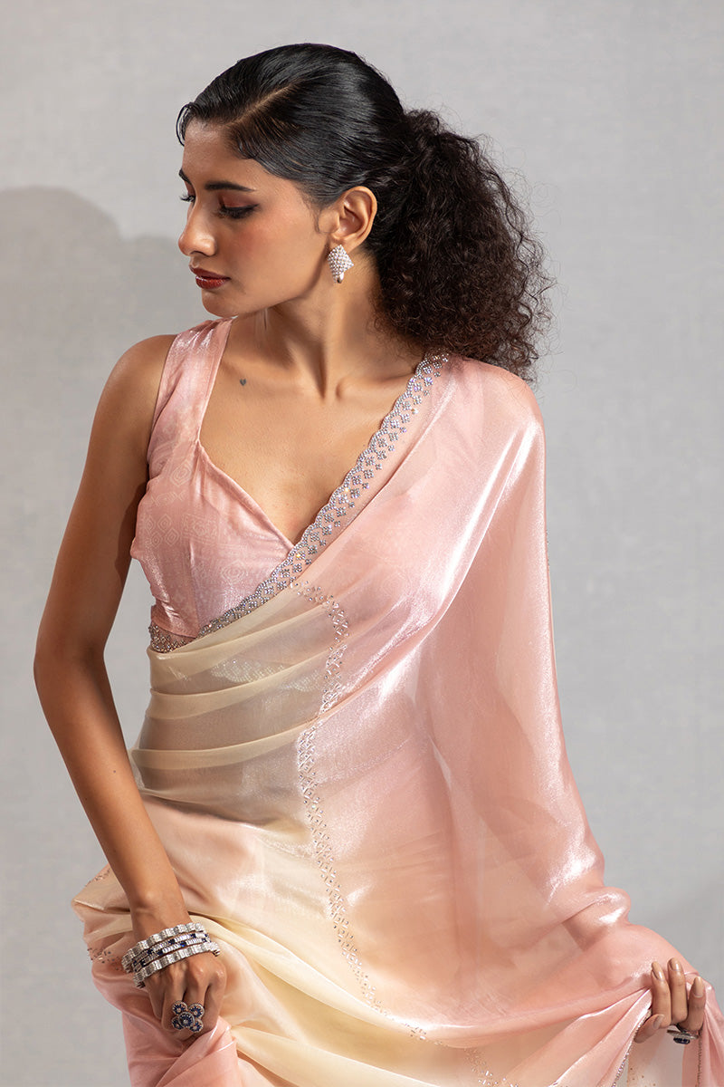 Baby Pink & Cream Satin Saree with Fancy Work Border LF
