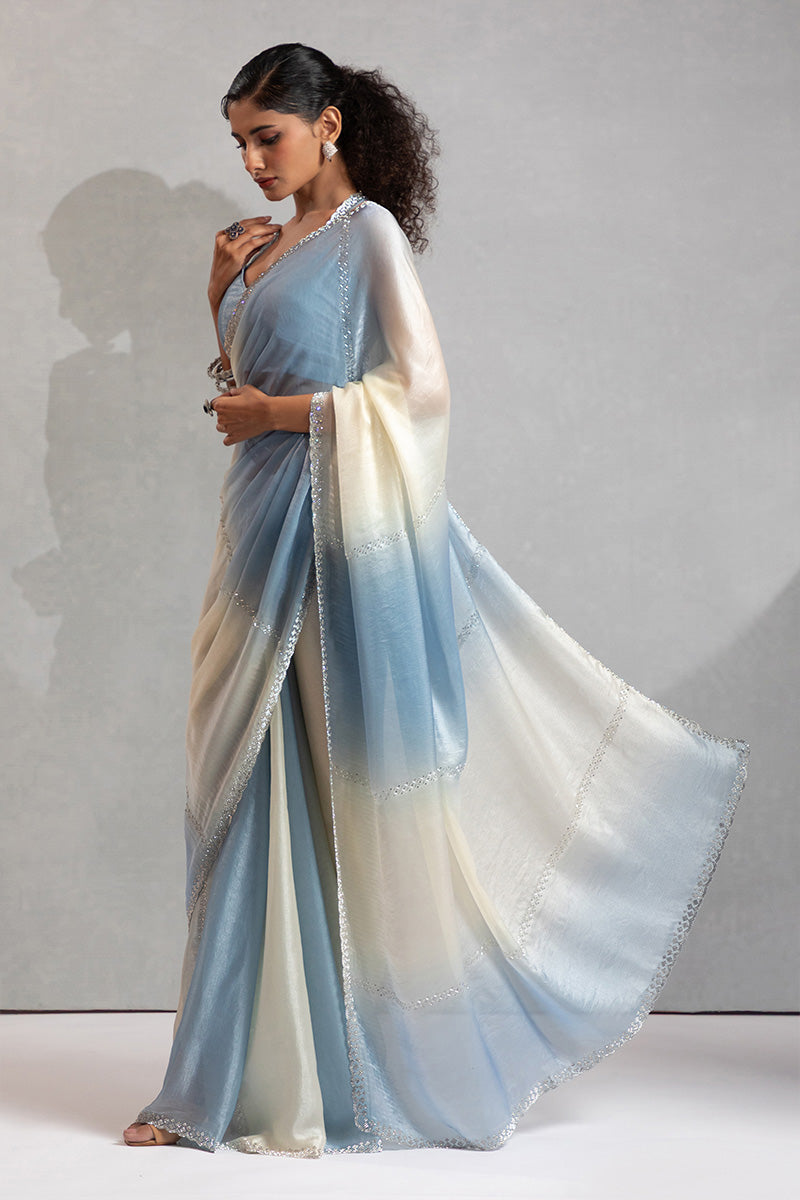Sky Blue & Cream Satin Saree with Fancy Work Border LF