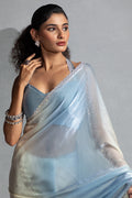 Sky Blue & Cream Satin Saree with Fancy Work Border LF