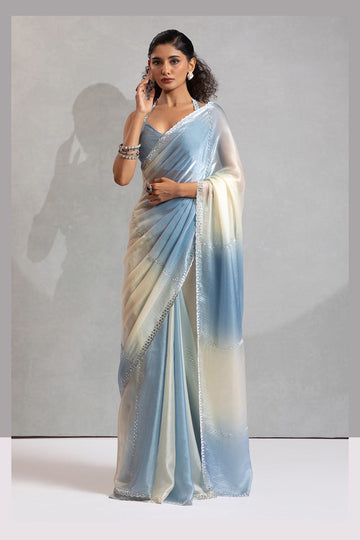 Sky Blue & Cream Satin Saree with Fancy Work Border LF