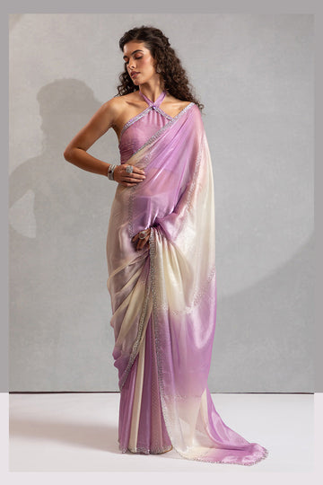 Lavender & Cream Satin Saree with Fancy Work Border LF