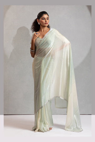 Pista Green & Cream Satin Saree with Fancy Work Border LF