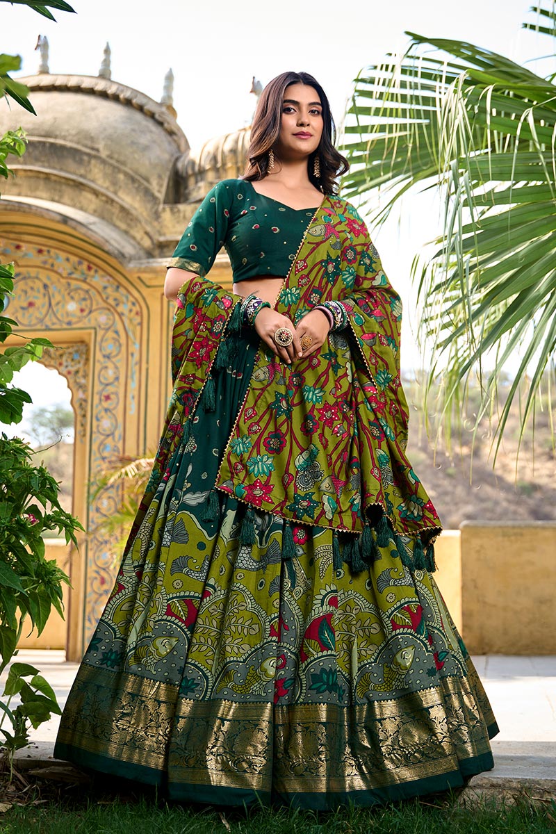 Emerald Green & Olive Printed Saree with Contrast Pallu PR