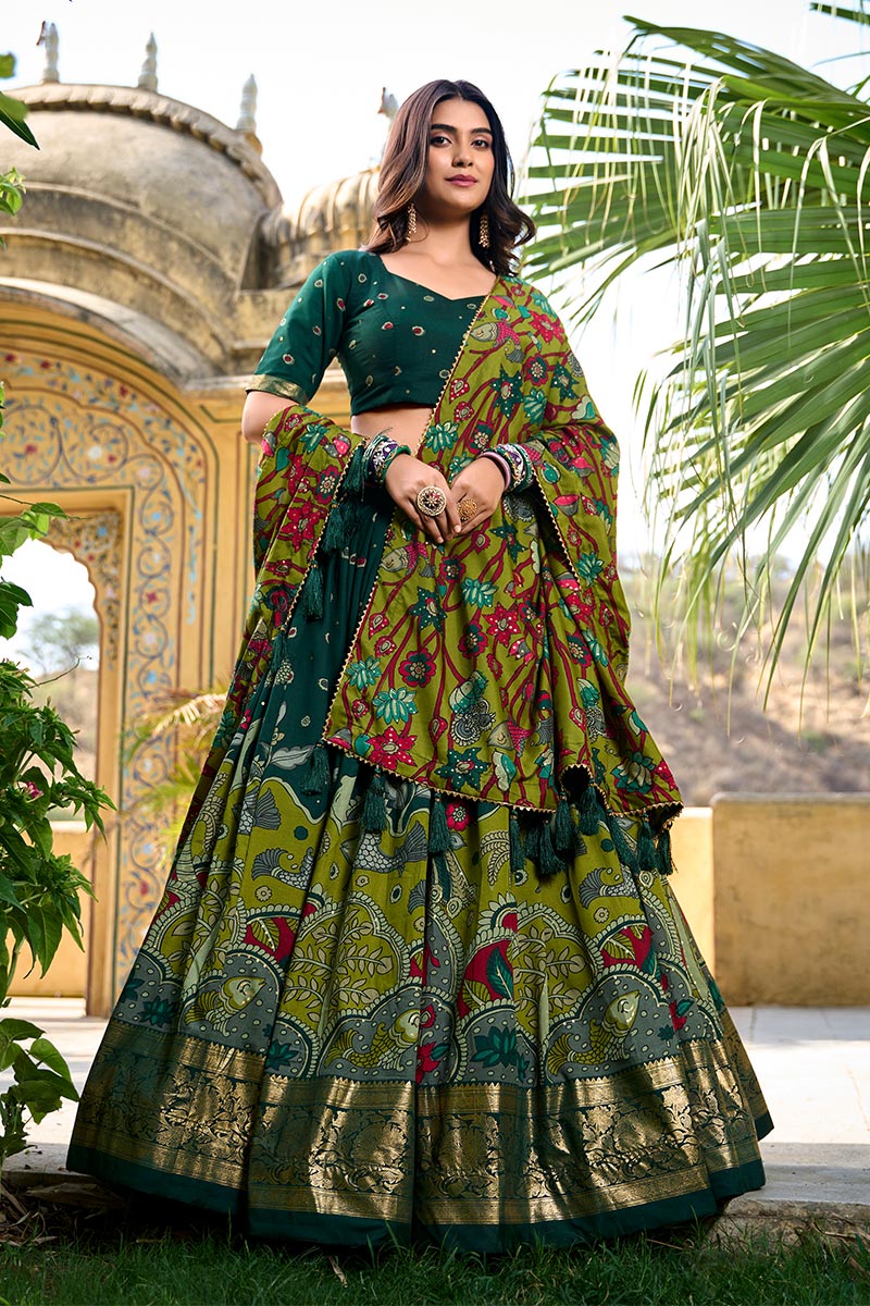 Emerald Green & Olive Printed Saree with Contrast Pallu PR