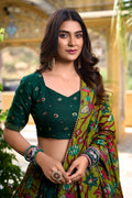 Emerald Green & Olive Printed Saree with Contrast Pallu PR