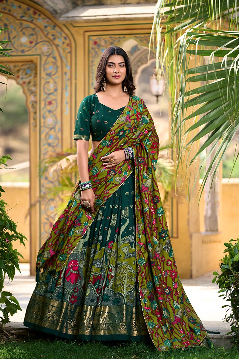 Emerald Green & Olive Printed Saree with Contrast Pallu PR