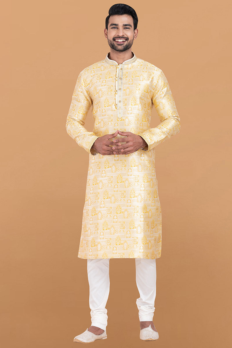 Multi-color & White Jacquard Silk Printed Kurta Pajama Set - Traditional Wear RTI