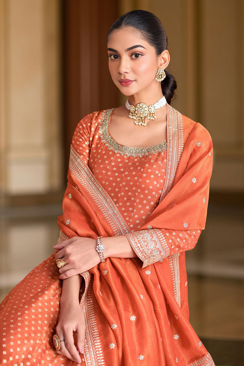 Elegant Orange Anarkali Suit with Golden Detailing RTI