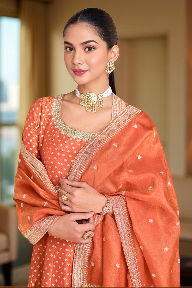 Elegant Orange Anarkali Suit with Golden Detailing RTI