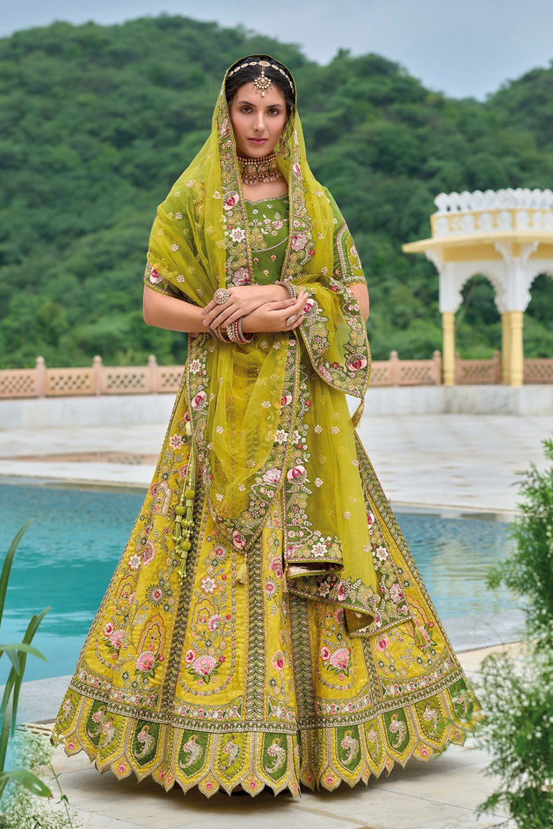 Yellow & Mehendi Green Embroidered Bridal Grand Lehenga Set RTI
