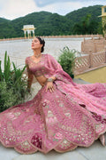 Dusty Rose Pink Embroidered Lehenga Set with Mirror & Floral Detailing RTI