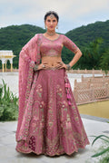 Dusty Rose Pink Embroidered Lehenga Set with Mirror & Floral Detailing RTI