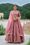 Dusty Rose Pink Embroidered Lehenga Set with Mirror & Floral Detailing RTI