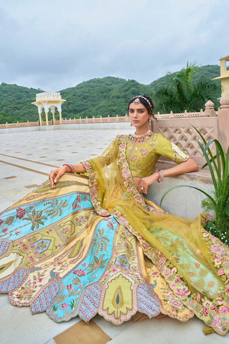 Pastel Yellow & Blue Embroidered Lehenga Set with Mirror & Floral Detailing RTI
