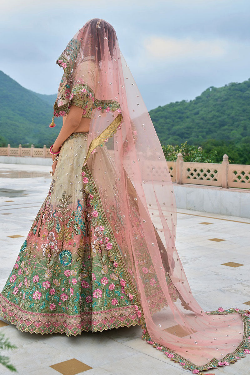 Ivory & Blush Multicolor Embroidered Lehenga with Peacock Motif & Mirror Work RTI