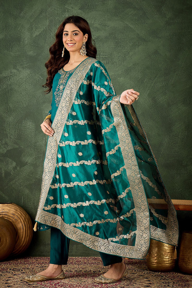 Elegant Green Salwar suit with Golden Detailing Zari Work Dupatta RTI