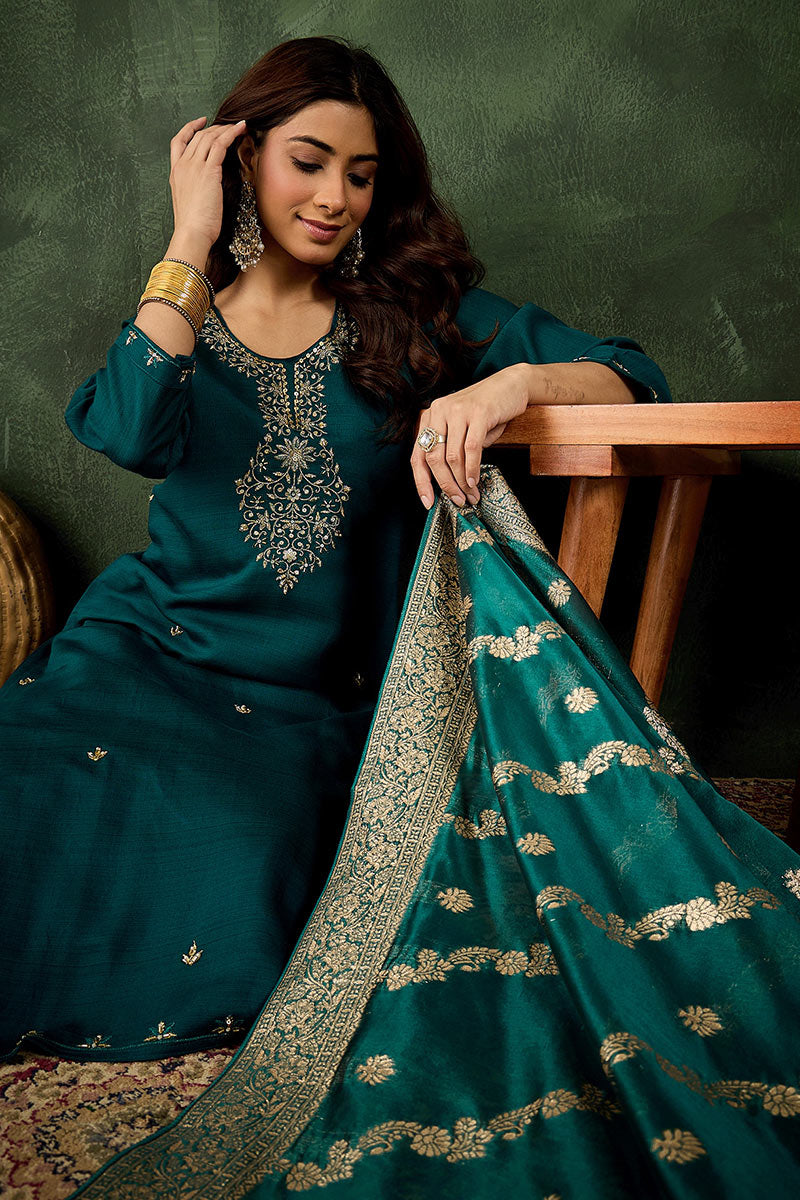 Elegant Green Salwar suit with Golden Detailing Zari Work Dupatta RTI