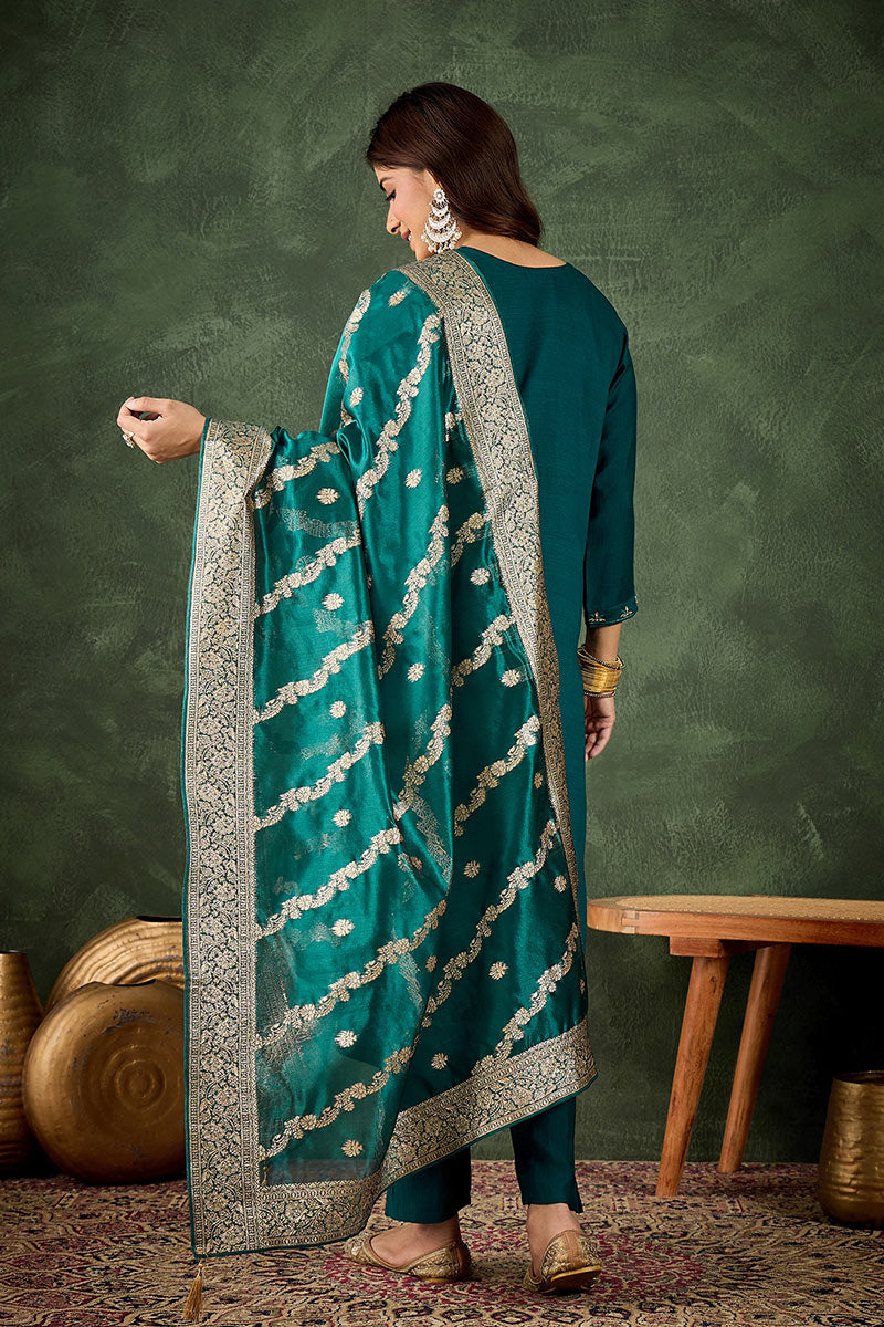 Elegant Green Salwar suit with Golden Detailing Zari Work Dupatta RTI