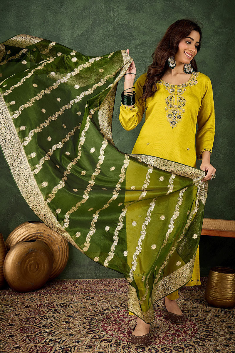 Elegant Lemon Green Salwar suit with Golden Detailing Zari Work Dupatta RTI
