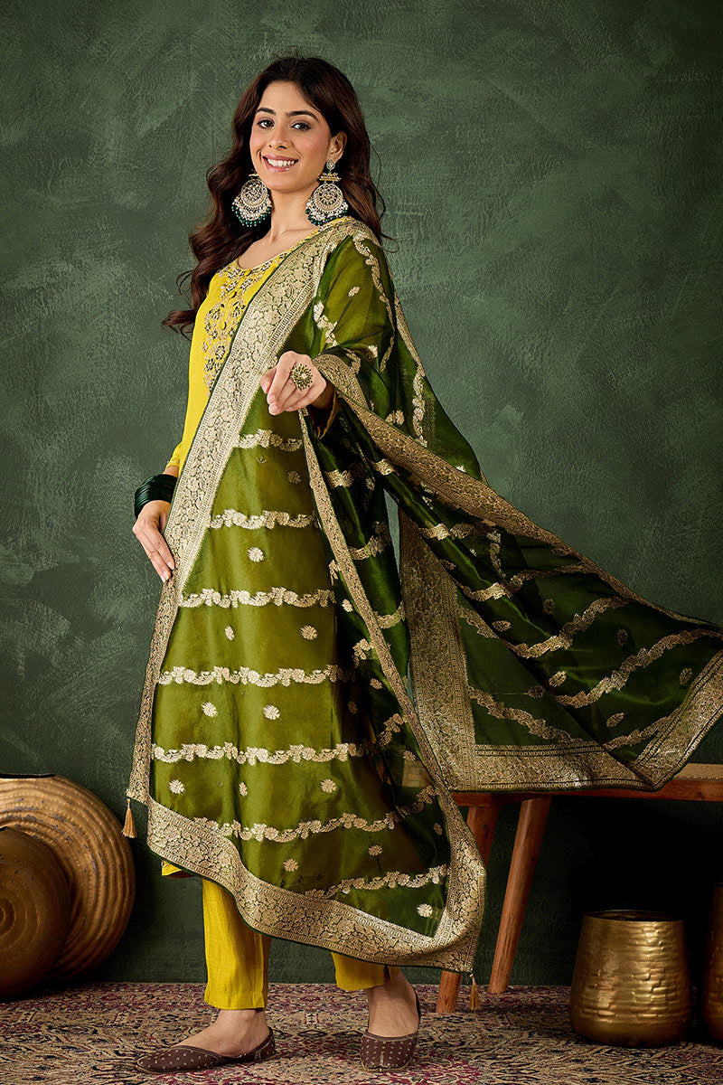 Elegant Lemon Green Salwar suit with Golden Detailing Zari Work Dupatta RTI