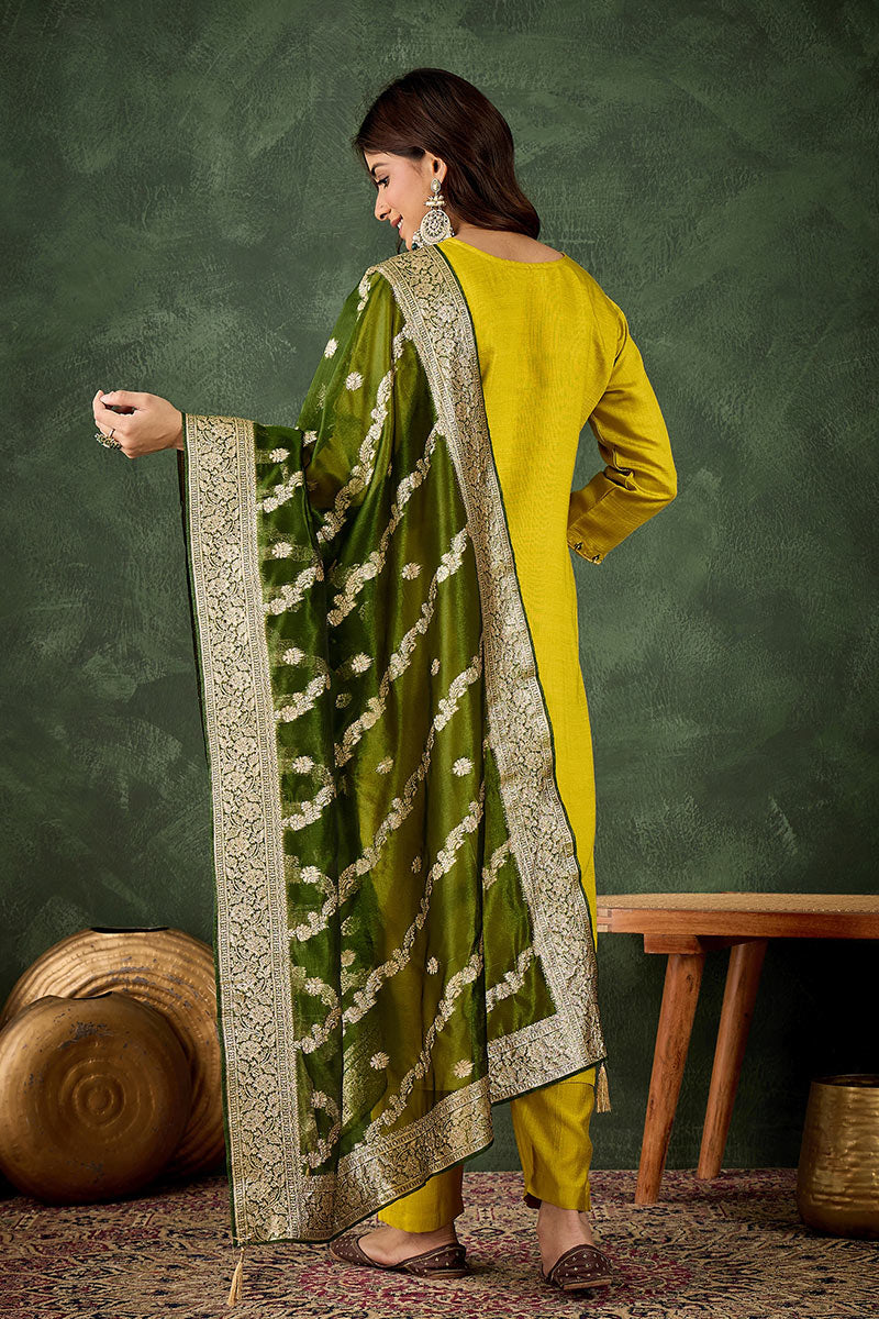 Elegant Lemon Green Salwar suit with Golden Detailing Zari Work Dupatta RTI