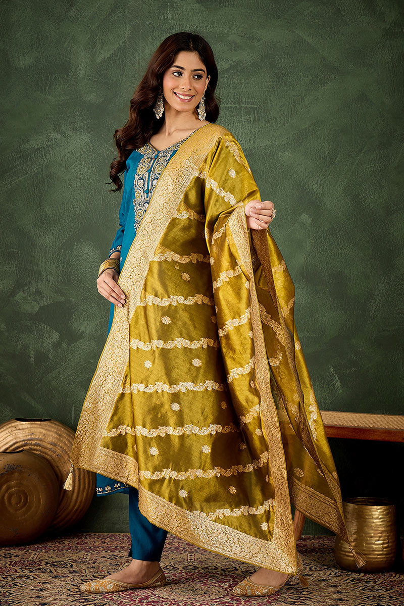 Elegant Teal Salwar suit with Golden Detailing Zari Work Dupatta RTI