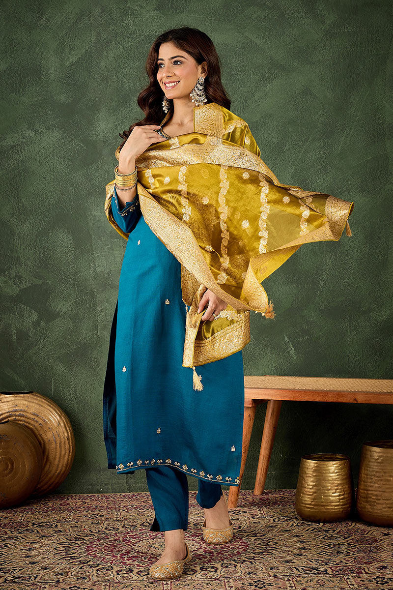 Elegant Teal Salwar suit with Golden Detailing Zari Work Dupatta RTI