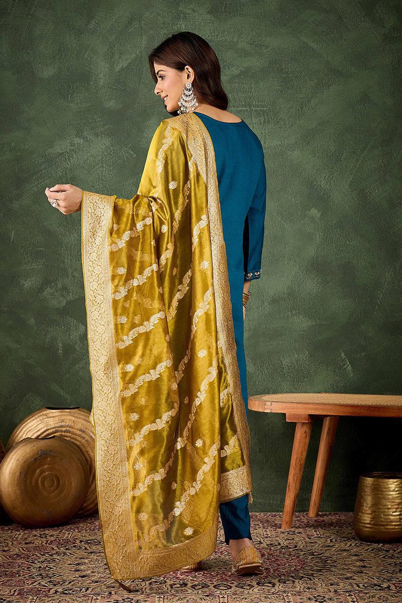 Elegant Teal Salwar suit with Golden Detailing Zari Work Dupatta RTI