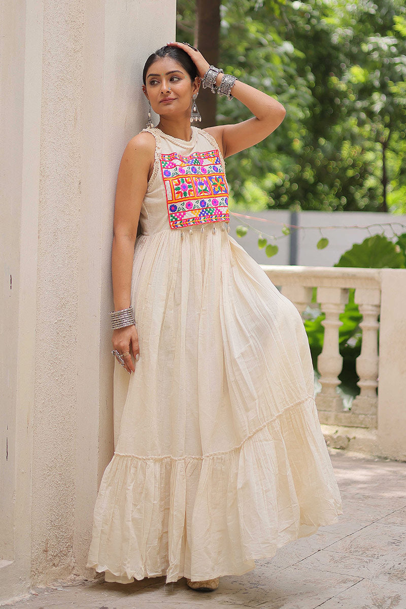 Ivory Halter Maxi Dress with Vibrant Embroidered Bodice RTI