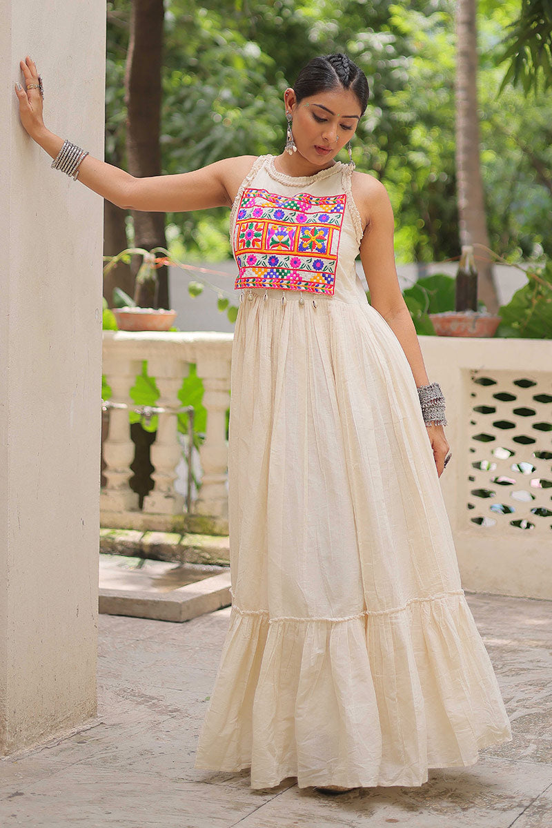 Ivory Halter Maxi Dress with Vibrant Embroidered Bodice RTI