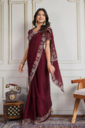 Marron Fendy Chiffon silk Embroidered Function wear Saree RTI