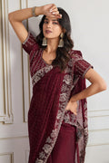 Marron Fendy Chiffon silk Embroidered Function wear Saree RTI
