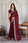 Marron Fendy Chiffon silk Embroidered Function wear Saree RTI