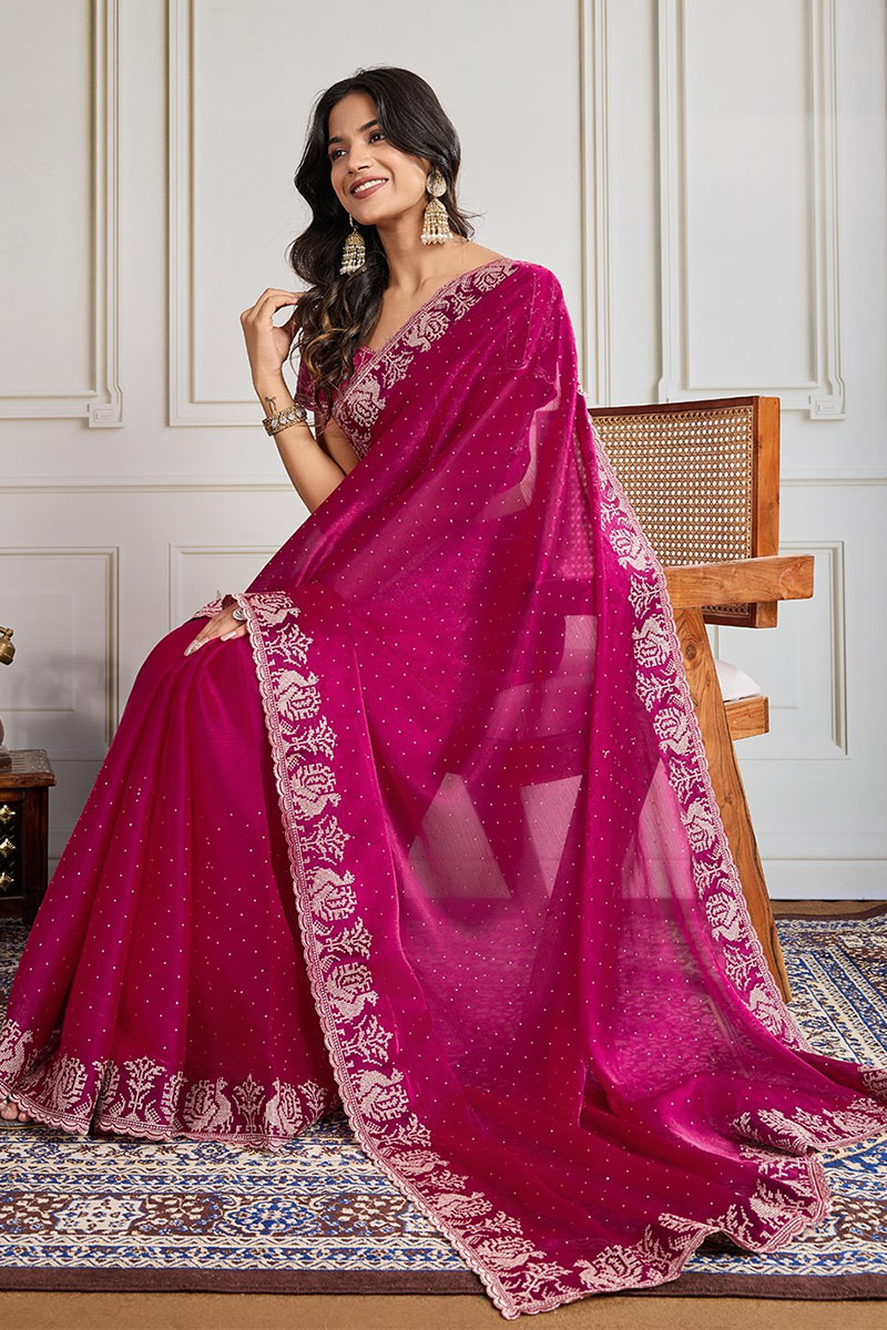 Rani Pink Fendy Chiffon silk Embroidered Function wear Saree RTI