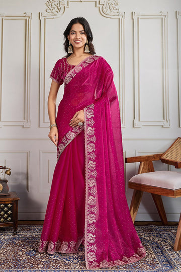 Rani Pink Fendy Chiffon silk Embroidered Function wear Saree RTI