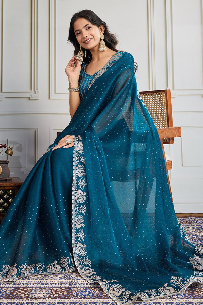 Teal Fendy Chiffon silk Embroidered Function wear Saree RTI
