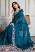 Teal Fendy Chiffon silk Embroidered Function wear Saree RTI