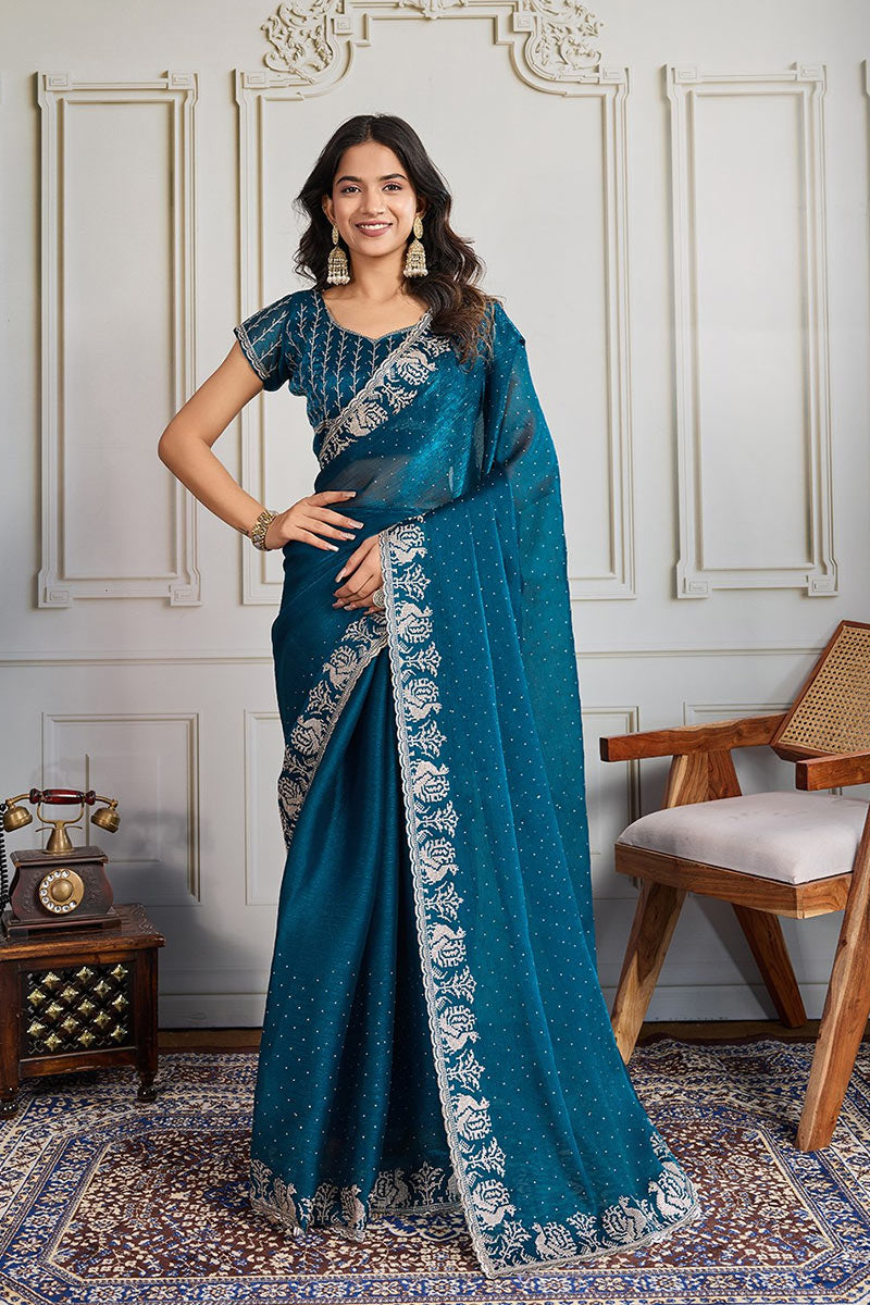 Teal Fendy Chiffon silk Embroidered Function wear Saree RTI