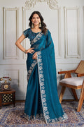 Teal Fendy Chiffon silk Embroidered Function wear Saree RTI