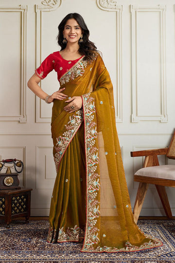 Mehendi Green Fendy Chiffon silk Embroidered Function wear Saree RTI