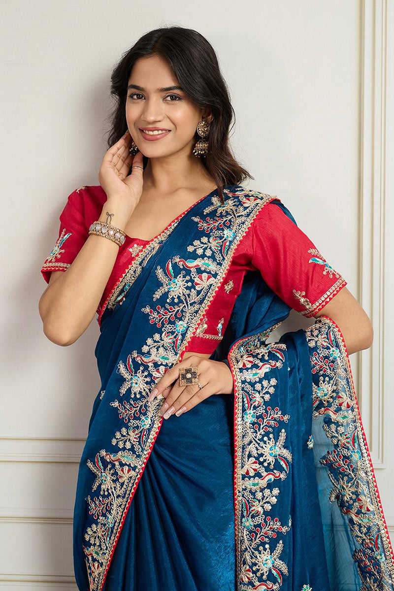 Teal Fendy Chiffon silk Embroidered Function wear Saree RTI