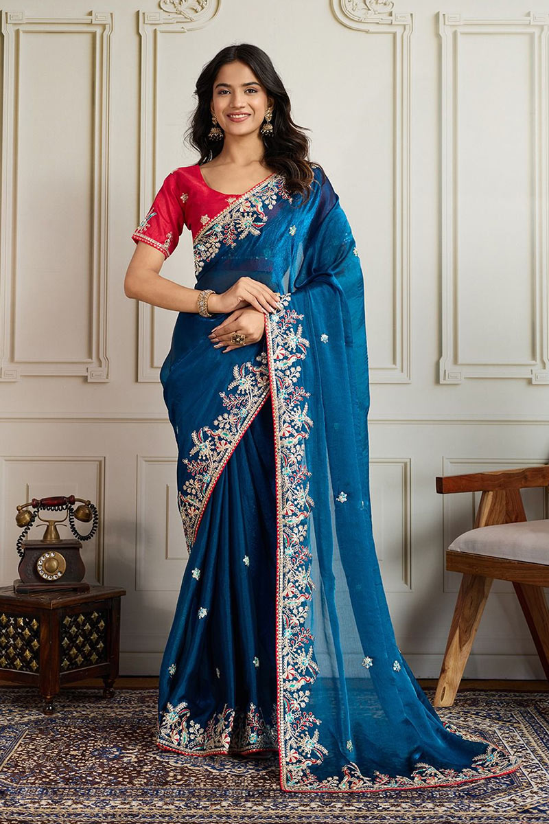 Teal Fendy Chiffon silk Embroidered Function wear Saree RTI