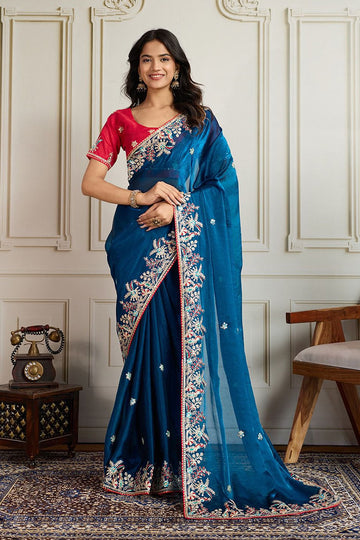 Teal Fendy Chiffon silk Embroidered Function wear Saree RTI