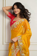 Yellow Fendy Chiffon silk Embroidered Function wear Saree RTI