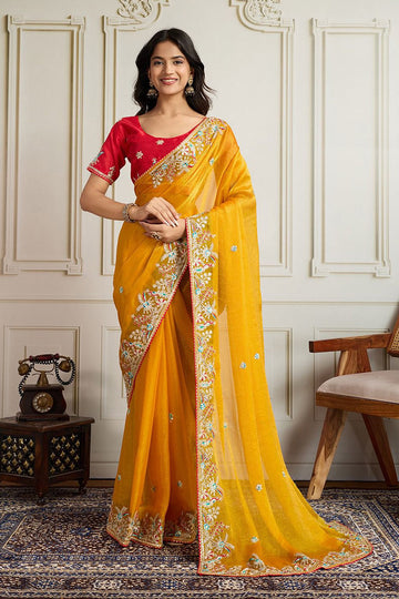 Yellow Fendy Chiffon silk Embroidered Function wear Saree RTI
