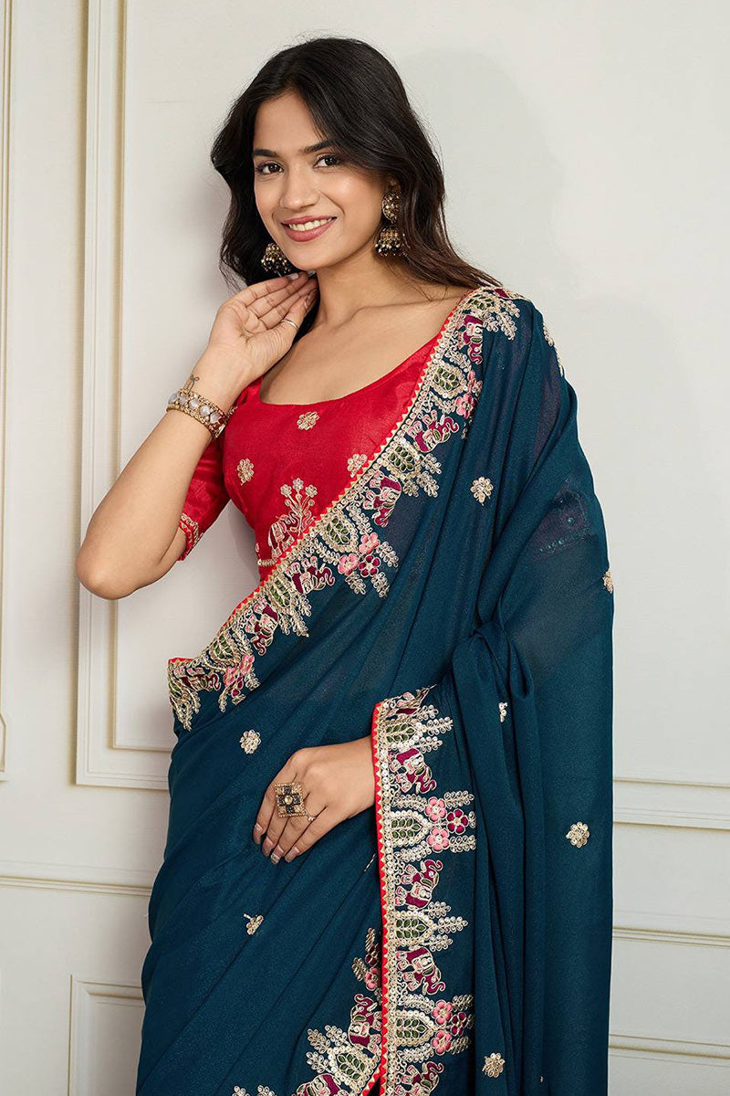 Teal Star Georgette Embroidered Function wear Saree RTI