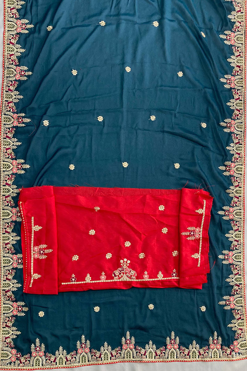 Teal Star Georgette Embroidered Function wear Saree RTI